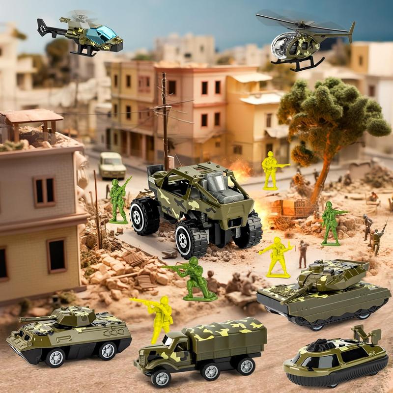 Military Truck with Army Toy Set ,14 in 1 Mini Diecast Battle Car Set with Lights and Sounds, Christmas & Birthday Gift