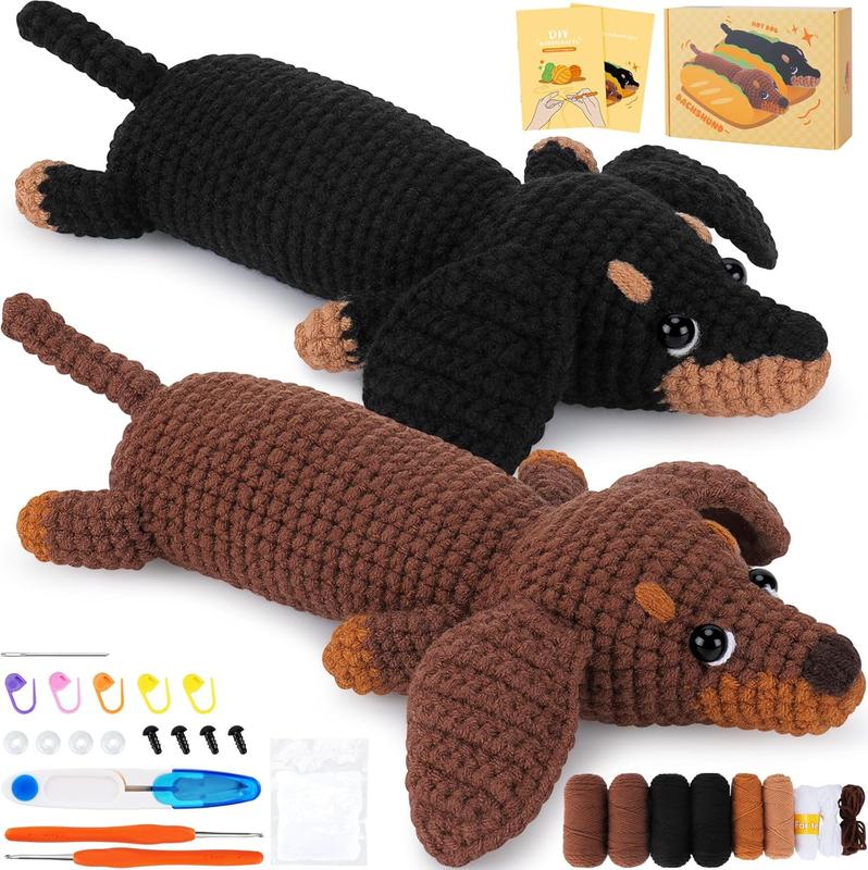 Crochet Kit for Beginners - 2 count Dachshund Crochet Kit with Step-by-Step Video Tutorials, Beginner Crochet Kit for Adults, Crochet  Kit for , Dog Crocheting Set (Brown & Black)