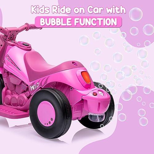 6V Battery Powered Electric Bubble Car Motorcycle for Toddlers 3+, 1.9 MPH Speed, LED Headlights, Music, Pedal, Forward Reverse, 3 Wheels, Available in Pink, Red, Beige, Green