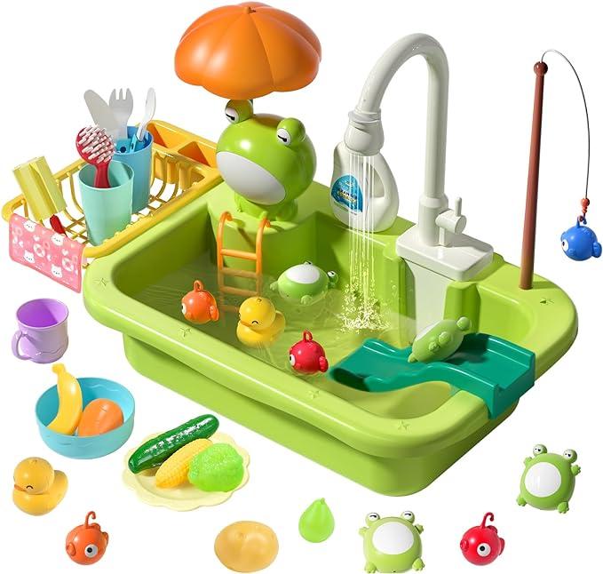 CUTE STONE Play Sink with Running Water, Kitchen Sink with Upgraded Electric Faucet, Play Kitchen , Realistic play food set learning cookingset