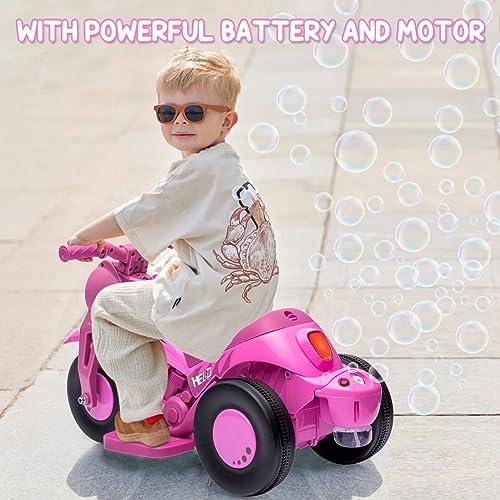 6V Battery Powered Electric Bubble Car Motorcycle for Toddlers 3+, 1.9 MPH Speed, LED Headlights, Music, Pedal, Forward Reverse, 3 Wheels, Available in Pink, Red, Beige, Green