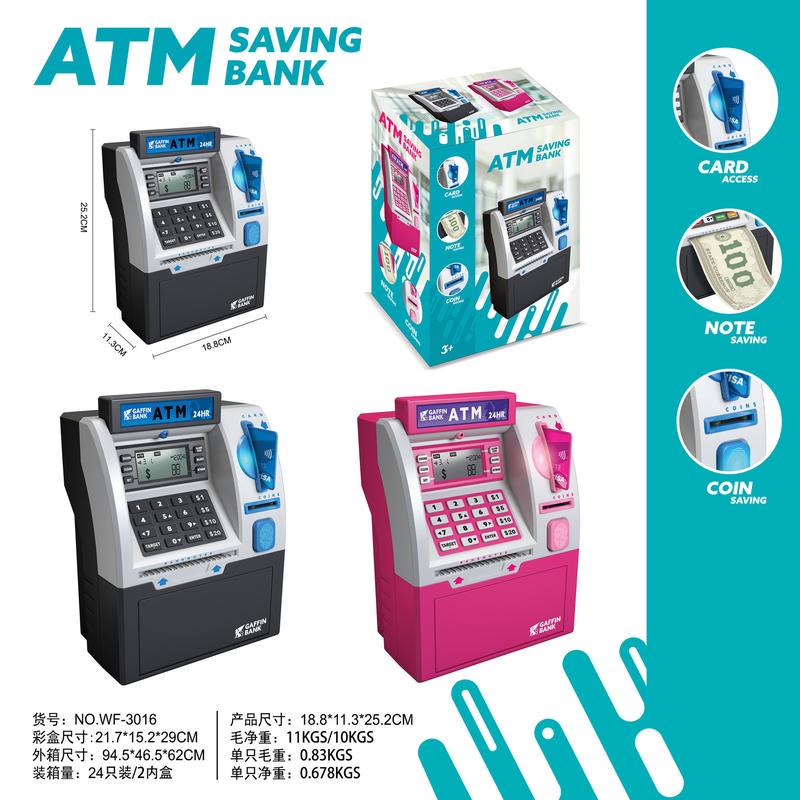 Kids Piggy Bank ATM Toy, teach your kids how to save. Realistic ATM keypad, PIN safe, coins and banknotes, birthday gift, daily saving fun.