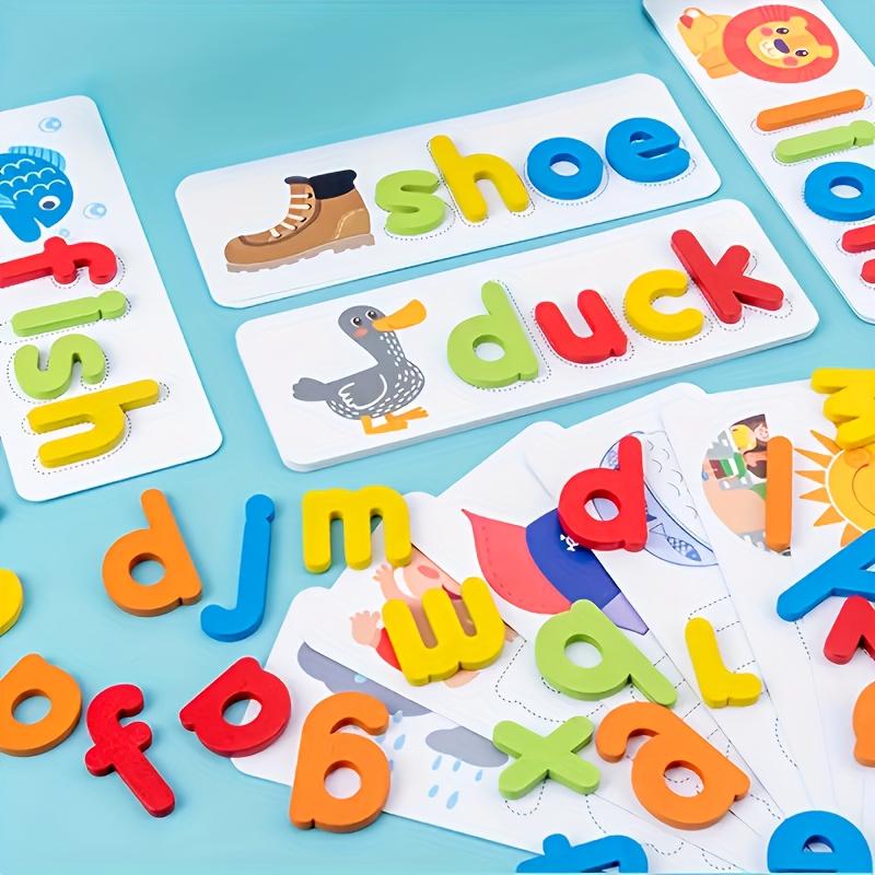 See and Spell Learning Toys, Spell Matching Letter Games, Wooden Puzzle Toys for Preschool, 28 Cards & 52 Letter Blocks, Halloween & Christmas Gifts