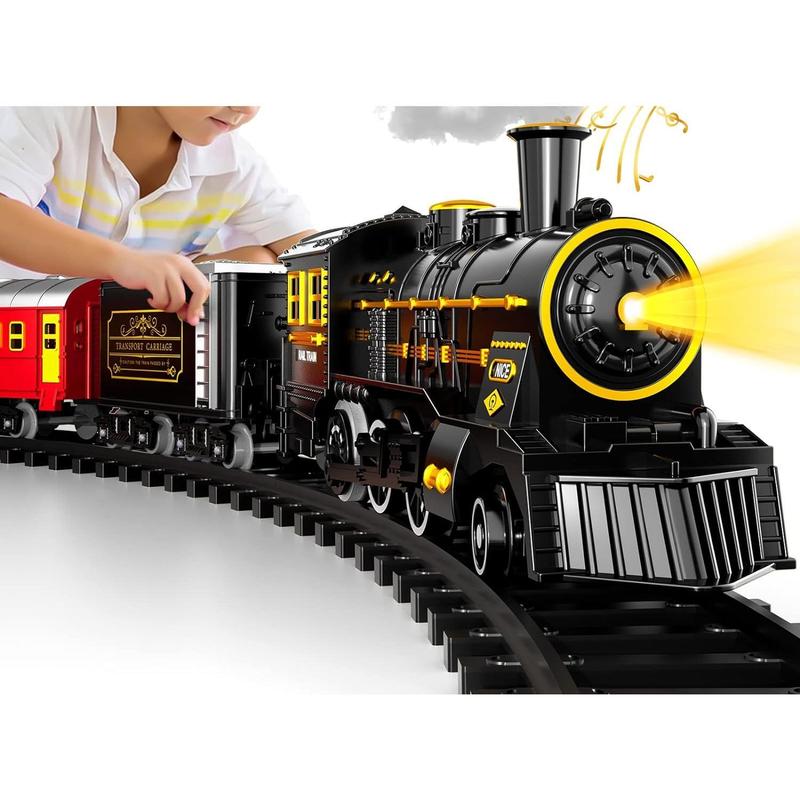 Electric Train Set with Retro Classic Locomotive Engine, Cargo Car and Long Track,Rechargeable Battery Operated Play Train Toys with Smoke, Light&Sounds train carriage，Christmas Train gifts, birthday Train gifts