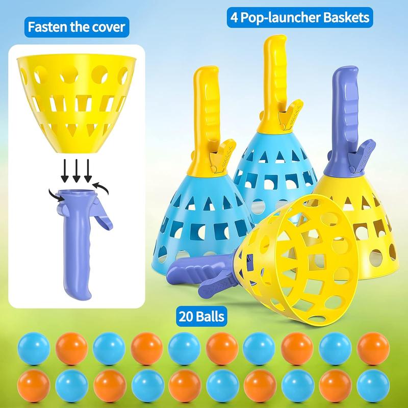 Pop Pass Catch Ball Game with 4 Catch Launcher Baskets and 20 Balls, Beach Toys Backyard Outdoor Indoor Game ,Family Christmas Easter Gifts