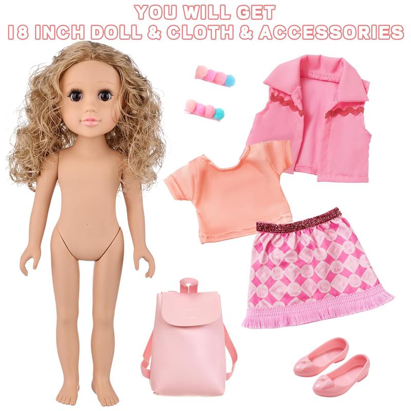 18 inch girl doll playset, including doll clothes and accessories, including 18 inch doll, jacket, t-shirt, skirt, shoe back bag, headband