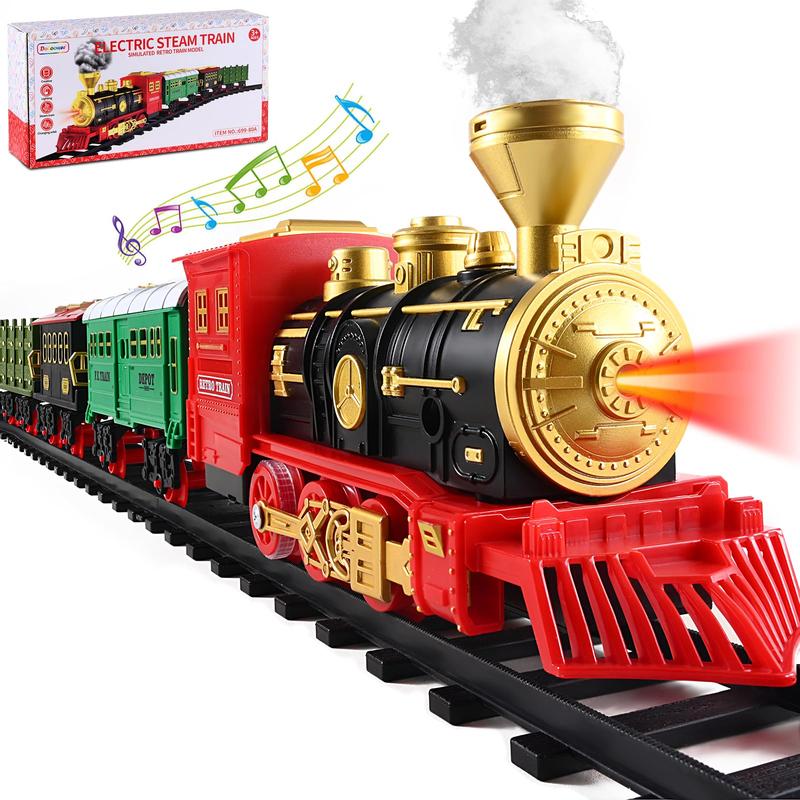 Electric Train Set with Retro Classic Locomotive Engine, Cargo Car and Long Track,Rechargeable Battery Operated Play Train Toys with Smoke, Light&Sounds train carriage，Christmas Train gifts, birthday Train gifts