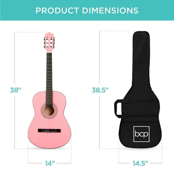 38in Beginner Acoustic Guitar Starter Kit w  Gig Bag, Strap, Strings - Pink