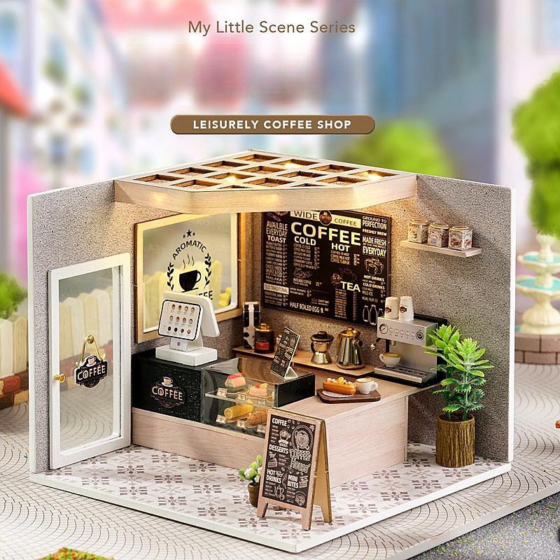 Coffee Shop DIY Wooden Miniature House Kit, 1 Box DIY Miniature Dollhouse Kit, 3D Puzzle, Birthday Gift for Teenagers and Adults