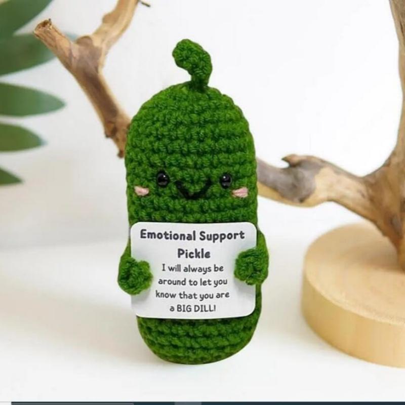 Handmade Emotional Support Pickles, Crochet Doll with Wooden Base, Funny Table Decor, Inspirational Father's Day Gift, Perfect for All Ages