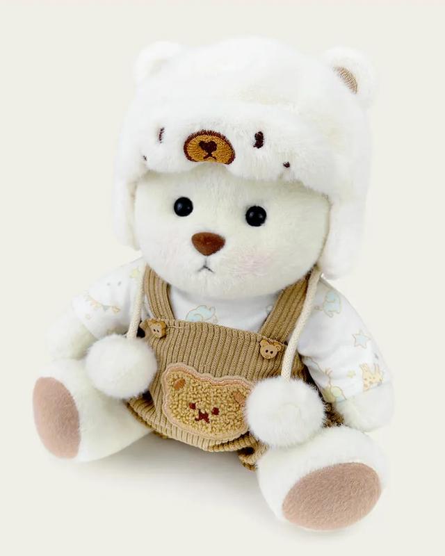 Getahug White Mink Hat Brown Overalls Bear | Handmade Jointed Teddy Bear Gift