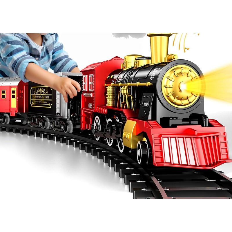 Electric Train Set with Retro Classic Locomotive Engine, Cargo Car and Long Track,Rechargeable Battery Operated Play Train Toys with Smoke, Light&Sounds train carriage，Christmas Train gifts, birthday Train gifts