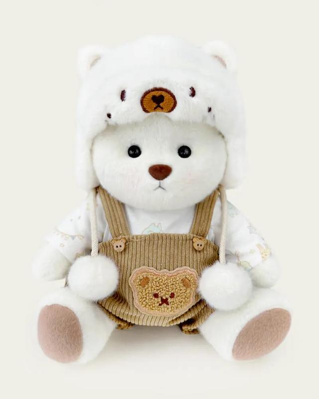 Getahug White Mink Hat Brown Overalls Bear | Handmade Jointed Teddy Bear Gift