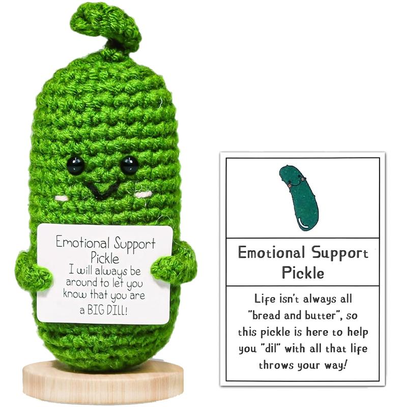 Handmade Emotional Support Pickles, Crochet Doll with Wooden Base, Funny Table Decor, Inspirational Father's Day Gift, Perfect for All Ages