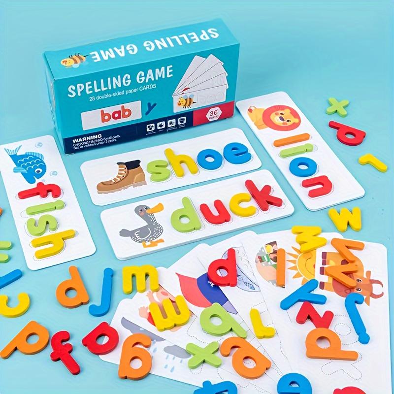 See and Spell Learning Toys, Spell Matching Letter Games, Wooden Puzzle Toys for Preschool, 28 Cards & 52 Letter Blocks, Halloween & Christmas Gifts