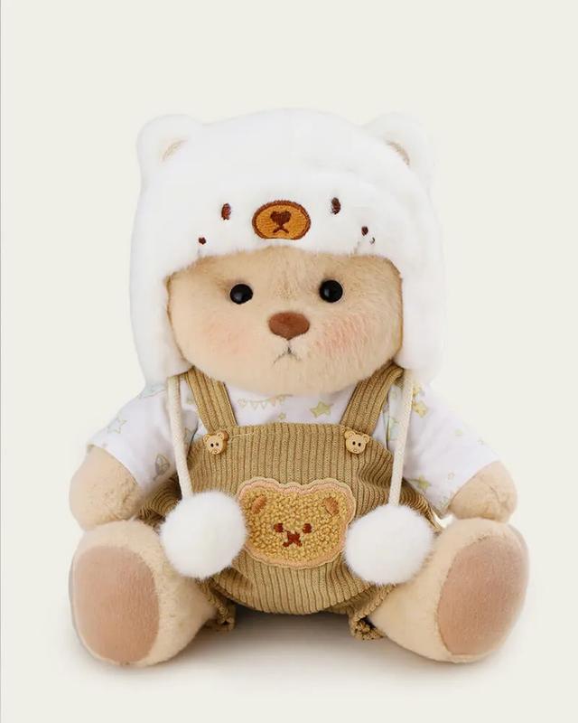 Getahug White Mink Hat Brown Overalls Bear | Handmade Jointed Teddy Bear Gift