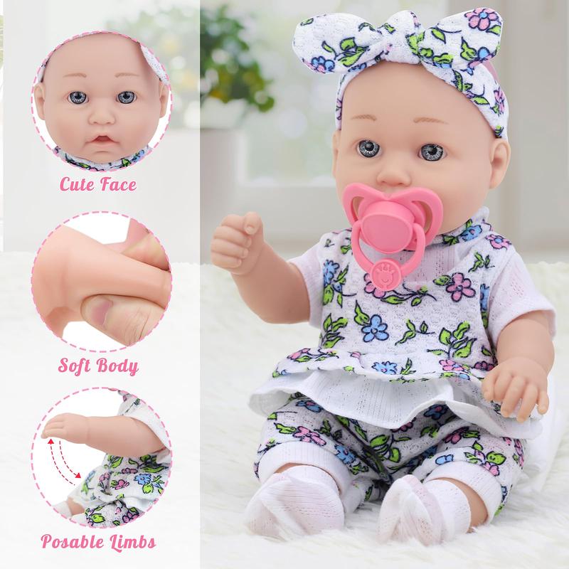 12 Inch Baby Doll With Clothes and Accessories, 16 Piece Baby Doll Toy Set Including 12 Inch Doll, 2 sets of Doll Clothes, Headband, Soft Doll Socks, Cutlery, Feeding Bottles, Diapers, Pacifiers