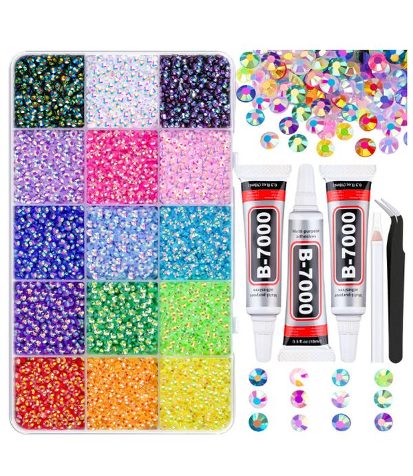 18000Pcs Resin Jelly Rhinestones for Crafting, Multicolor 3mm Flatback Rainbow Gems, Bedazzling Crystal with 3Pcs 10ml B7000 Jewelry Glue for DIY Crafts Clothing Shoes Nail Art