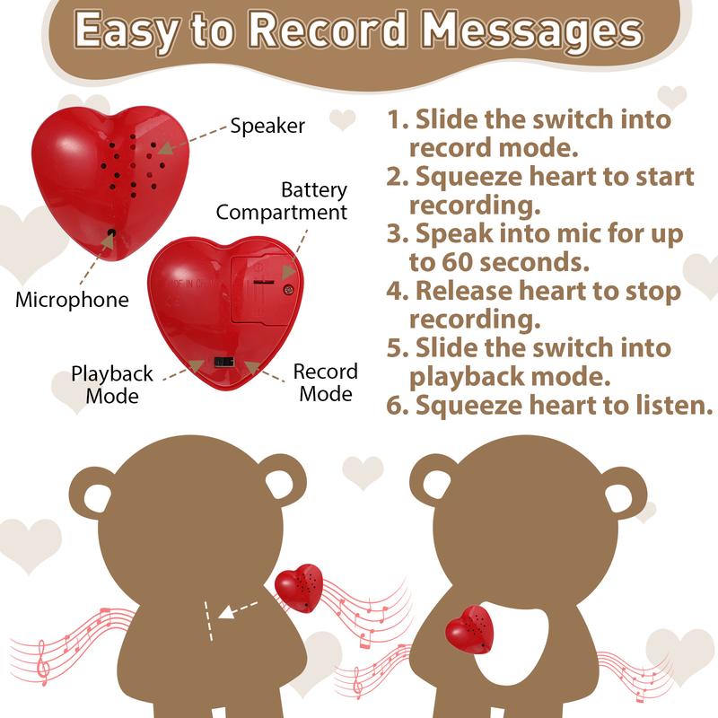 16 Inch Bear Stuffed Animal with Voice Recorder Set 60 Seconds Voice Sound Recorder Module Christmas Plush Stuffed Animal Bear with Zipper Sound Box Recordable Heart for Girls Boys Christmas Valentine's Day Wedding Anniversary Birthday Gift