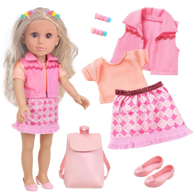 18 inch girl doll playset, including doll clothes and accessories, including 18 inch doll, jacket, t-shirt, skirt, shoe back bag, headband