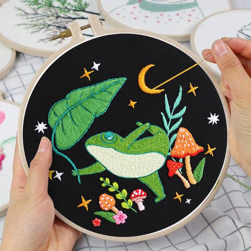 Frog Embroidery Kits for Beginners with Art Night Pattern, Cross Stitch Kit for Adults,DIY Needlepoint Kits for Embroidery Starter