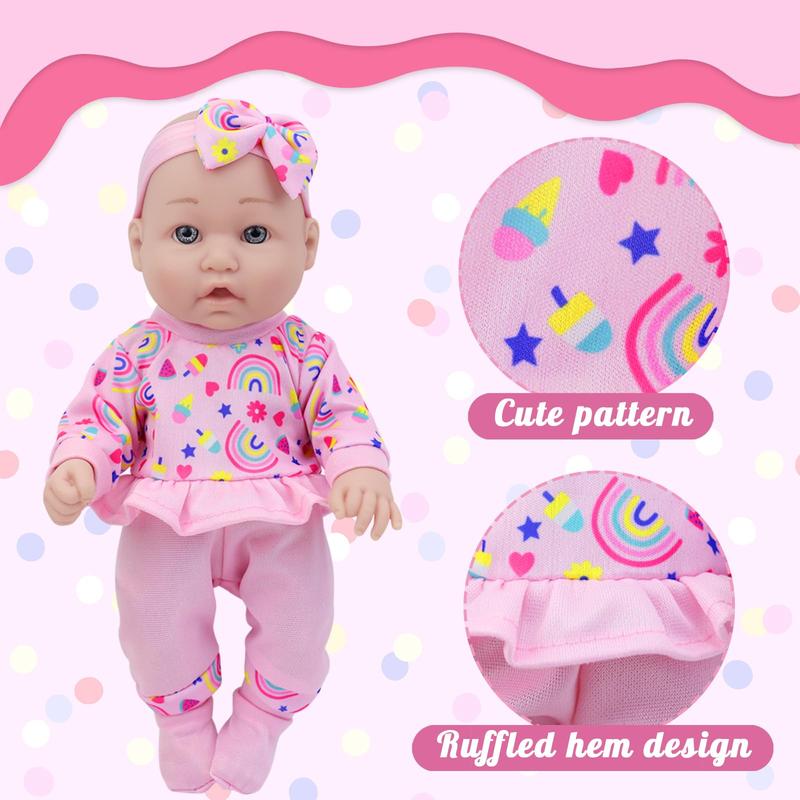 12 Inch Baby Doll With Clothes and Accessories, 16 Piece Baby Doll Toy Set Including 12 Inch Doll, 2 sets of Doll Clothes, Headband, Soft Doll Socks, Cutlery, Feeding Bottles, Diapers, Pacifiers