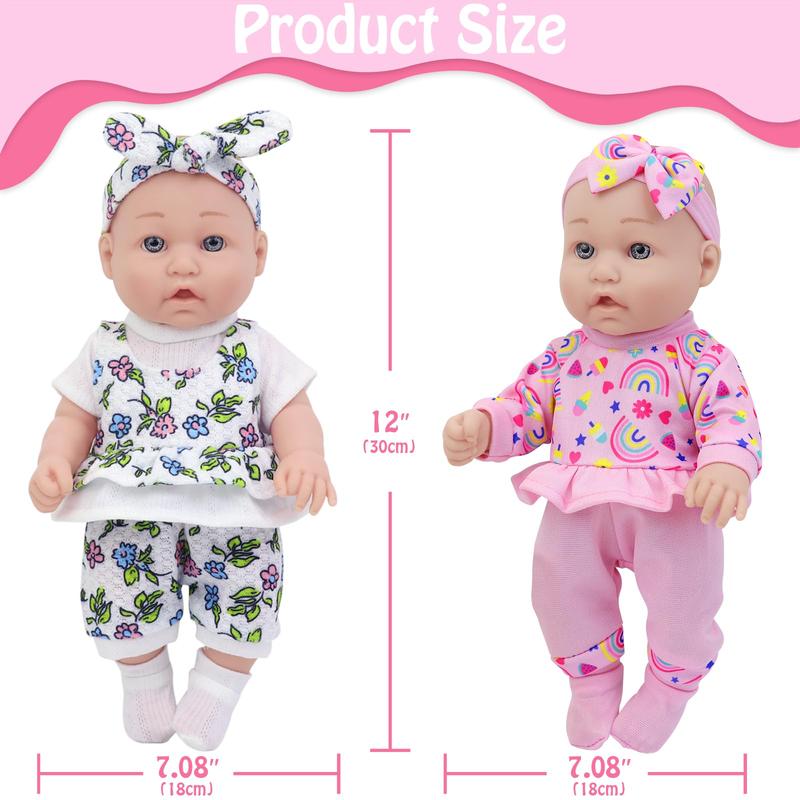 12 Inch Baby Doll With Clothes and Accessories, 16 Piece Baby Doll Toy Set Including 12 Inch Doll, 2 sets of Doll Clothes, Headband, Soft Doll Socks, Cutlery, Feeding Bottles, Diapers, Pacifiers