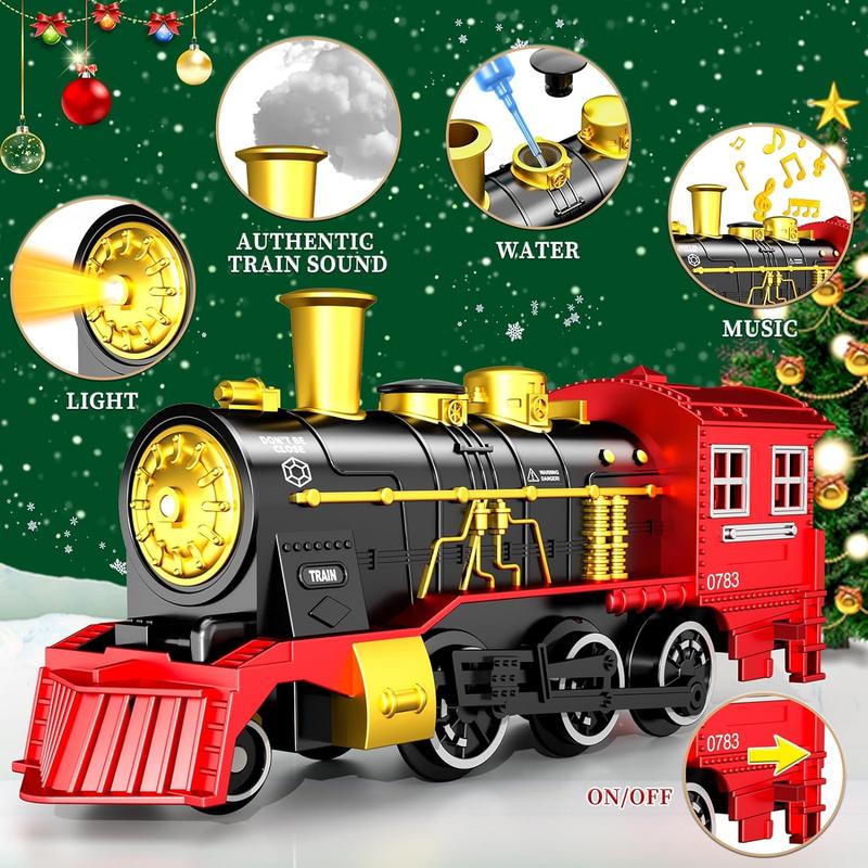 Electric Train Set with Retro Classic Locomotive Engine, Cargo Car and Long Track,Rechargeable Battery Operated Play Train Toys with Smoke, Light&Sounds train carriage，Christmas Train gifts, birthday Train gifts