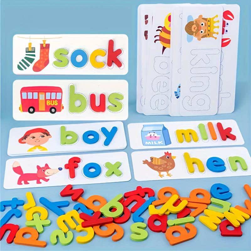 See and Spell Learning Toys, Spell Matching Letter Games, Wooden Puzzle Toys for Preschool, 28 Cards & 52 Letter Blocks, Halloween & Christmas Gifts