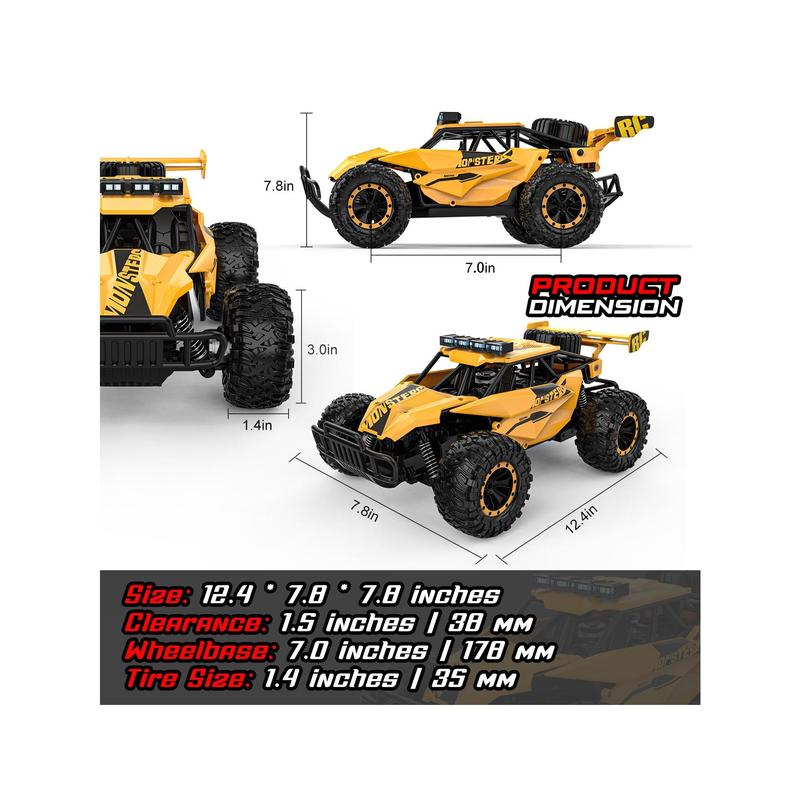 Remote Control Car - 2.4GHz High Speed 33KM H RC Cars Toys, 1:12 RC Monster Trucks Offroad Hobby RC Truck Toys With LED Headlight And Rechargeable Battery Gift For Adults Boys 8-12 Kids