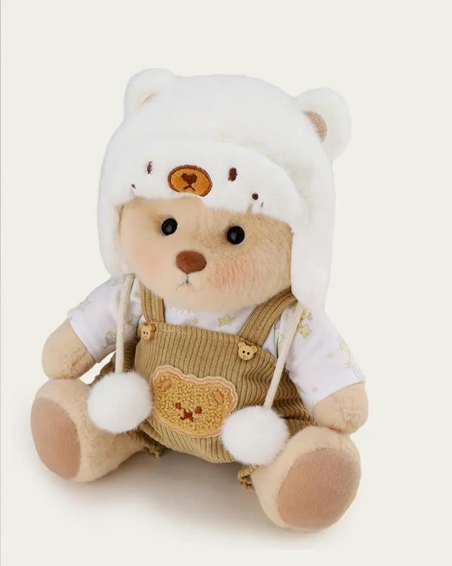 Getahug White Mink Hat Brown Overalls Bear | Handmade Jointed Teddy Bear Gift