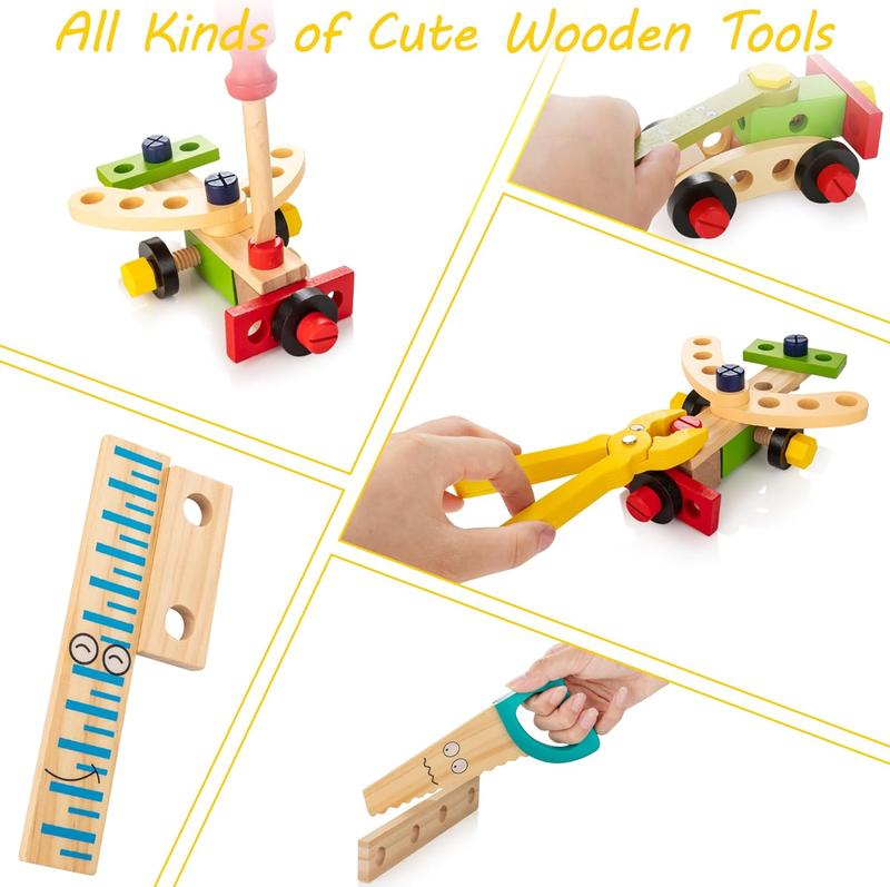 Tool Kit for Kids, Wooden Toddler Tools Set Including Tool Box & DIY Stickers, Montessori Educational STEM Construction Toys, Gift for Boys Girls