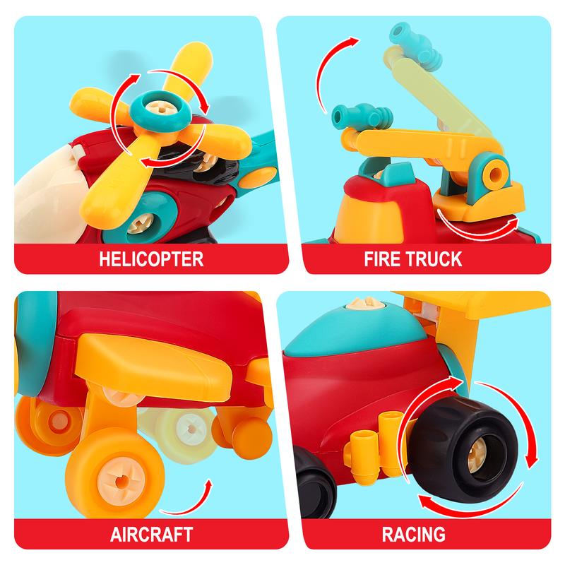 deAO 4 PCS Take Apart Toys with Screwdriver, STEM Educational Construction Building Toys with Airplane Racing Car Helicopter Fire Engine, Tool Set Play Assemble Toys Gift