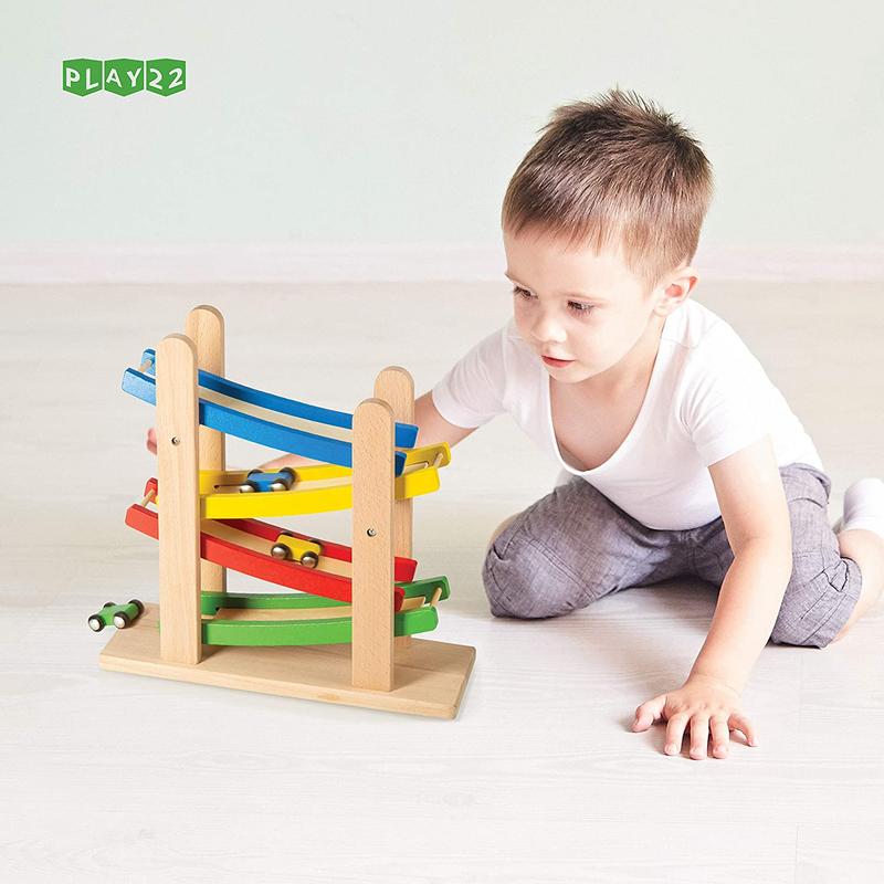 4 Level Toy Wooden Car Roller Ramp - Wooden Race Track Car Ramp Racer With 4 Wooden Cars - Toddler Race Car Ramp - Play22