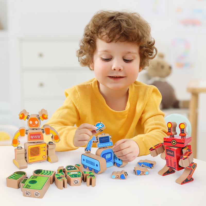 Wooden Robot Building Block Set, Snap Together Robot Builders, STEM Educational Toy for Kids