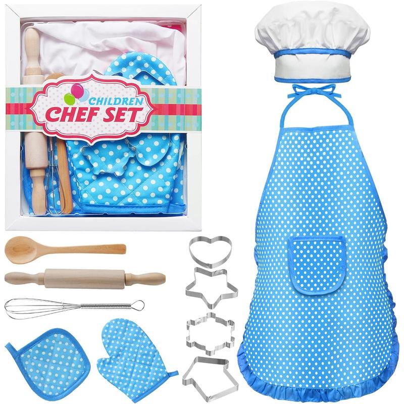 Kids Cooking and Baking Set, 11 Pieces Kids Apron, Chef Costume Set Including Kids Apron and Chef Hat, Gloves and Cooking, Kids Chef Role Play Cooking Toy Gift for Boys Girls