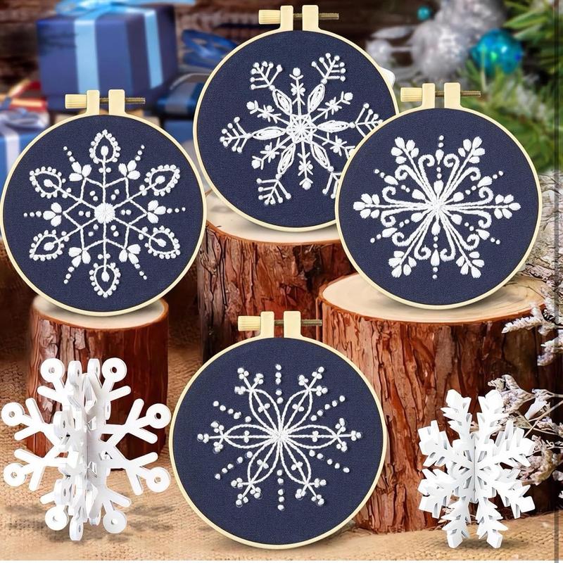 Winter Christmas Embroidery Kit for Beginners - 6 Sets Snowflakes Cross DIY Needlepoint Kit with Instructions and Supplies