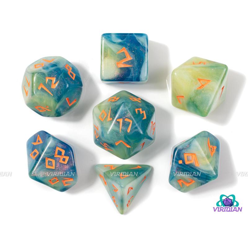 Tropical Tide | Teal Blue, Yellow and Light-Green Swirls, Glitter, Orange Runic   Goblin Font | Acrylic Dice Set (7)