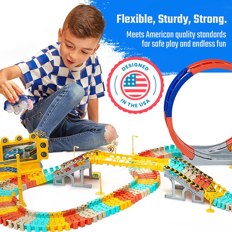 Race Track Set Glow in The Dark Track Toy for Boys & Girls Age 3, 4, 5, 6 and 7 | Outrun The Light and Create Thrilling Tracks with FlashTrack Race Set by JitteryGit - Multicoloured Educational Gift Set for Boys & Girls