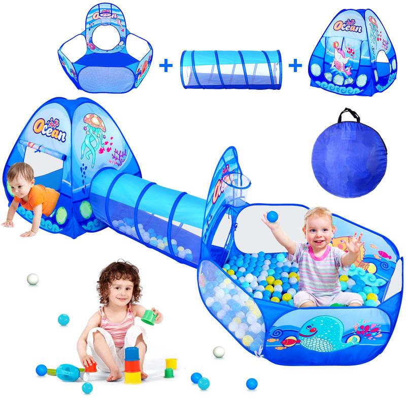 3 in 1 Kids Play Tent with Tunnel, Ball Pit, Basketball Hoop for Boys & Girls, Toddler Pop Up Playhouse Toy Baby Indoor Outdoor, Gift Year Old Child (3 Tent)