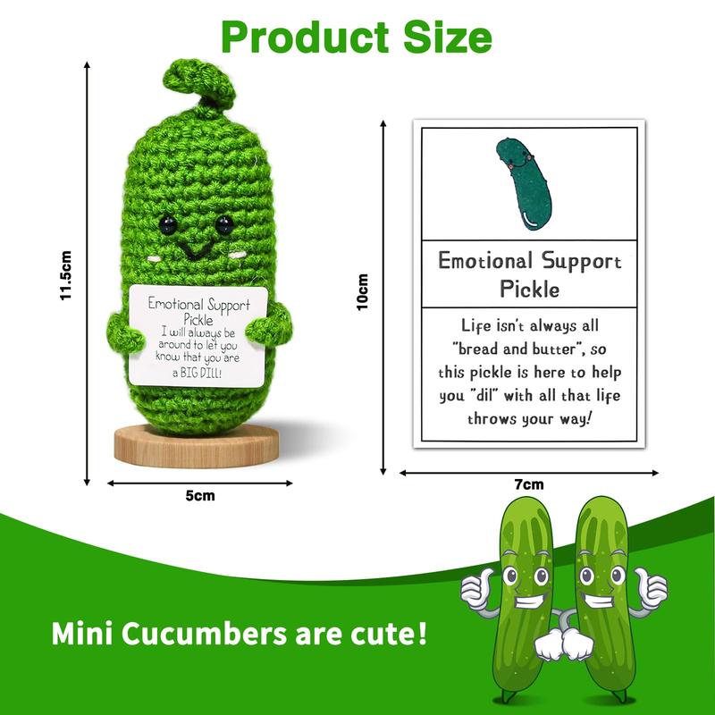 Handmade Emotional Support Pickles,Cucumber Crochet Doll Inspirational Valentine's Day Gift with Wooden Base for Table Decor Handmade Emotional Support Pickles, Crochet Pickle Ornament for Office Table