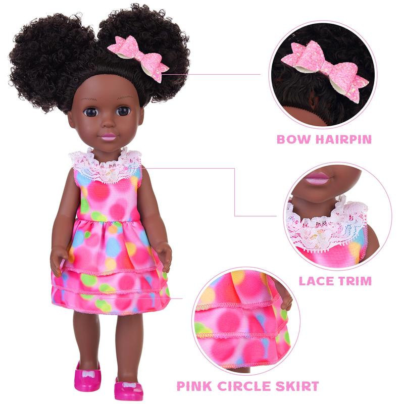 14.5 Inch Black African Baby Doll with Pink Dot Skirt and Accessories Set Silicone Black Doll Realistic Black Girl Doll