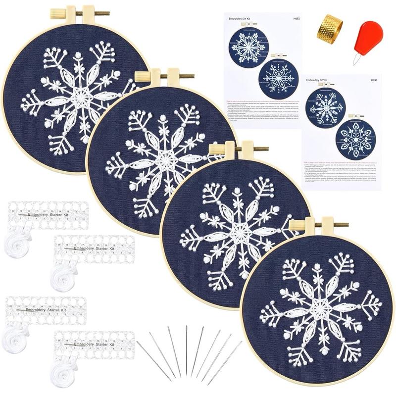 Winter Christmas Embroidery Kit for Beginners - 6 Sets Snowflakes Cross DIY Needlepoint Kit with Instructions and Supplies