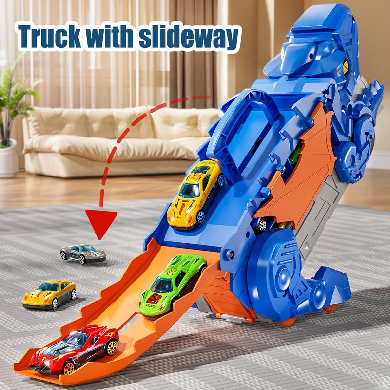 Christmas Gift Transformed Dinosaur Truck Toy With 10 Diecast Racing Cars, Dino Transport Car With Wings And Handle , Birthday Gift For