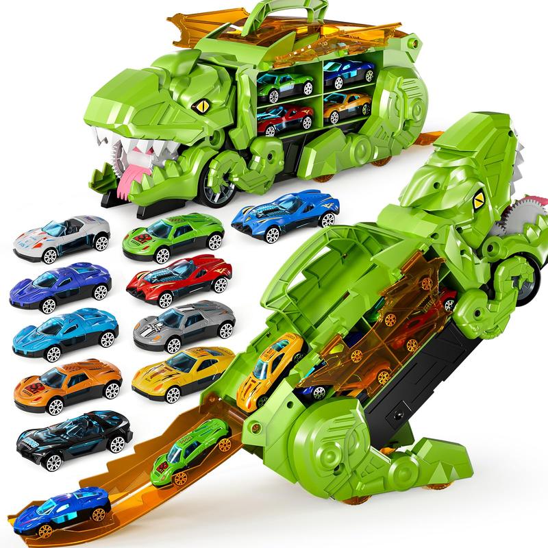 Christmas Gift Transformed Dinosaur Truck Toy With 10 Diecast Racing Cars, Dino Transport Car With Wings And Handle , Birthday Gift For