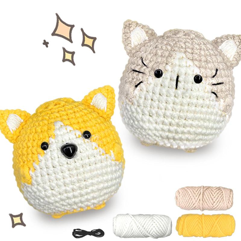 Cute Cat & Dog Design Crochet Kit, 2 Counts set DIY Crochet Starter Kit with Random Color Accessories, DIY Knitting Supplies for Beginners