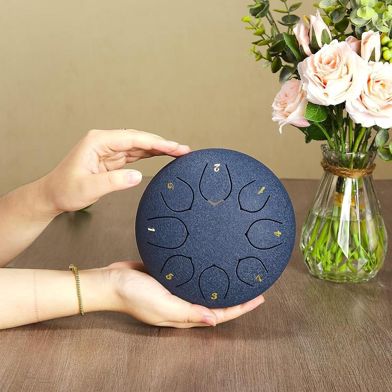 Steel Tongue Drum, 6 Inch 8 Note Rain Chime Drum with Bag, Music Book, Drumsticks, Mallet Holder and Finger Paddles, for Camping, Meditation or Yoga .(Navy Blue)