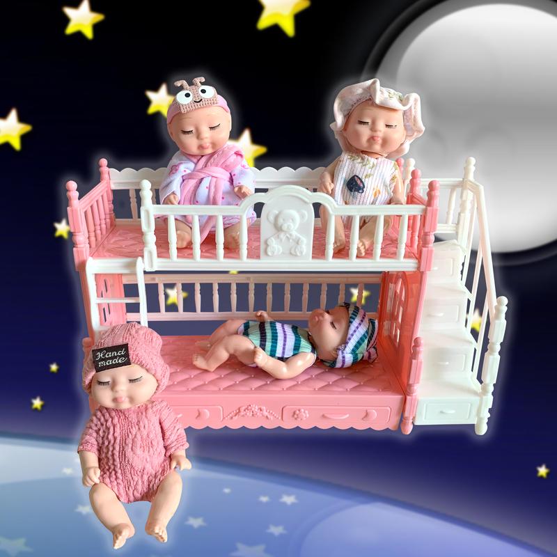 AMETUS 4 Pcs Mini Baby Dolls with Bunk Bed, Dollhouse Bedroom Furniture Set, Little Mini Reborn Babies, Cute Doll for Girls Kids, Birthday Baby Shower Party Gifts, Fashion Clothes Nap Cuties doll house christmas  miniatures doll