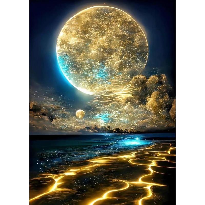 Moonlight Beach Diamond Painting Kits for Adults, 5D Seaside Moon Diamond Art Kits for Beginners, DIY Full Drill Paint with Diamond, Home Wall Decor 12 x 16 Inch