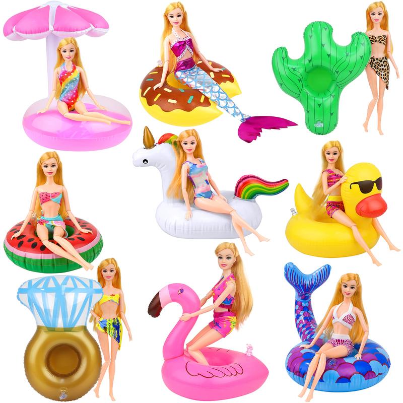 9 Pcs Cute 11.5 Inch Girl Doll Float Swimming Pool Floaties Party Ring Inflatable Drink Holder for 11.5